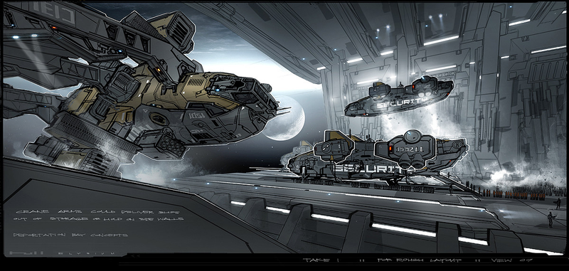 Illustration for article titled Breathtaking Concept Art of Elysium's Spaceship Hangar and Robot Deck